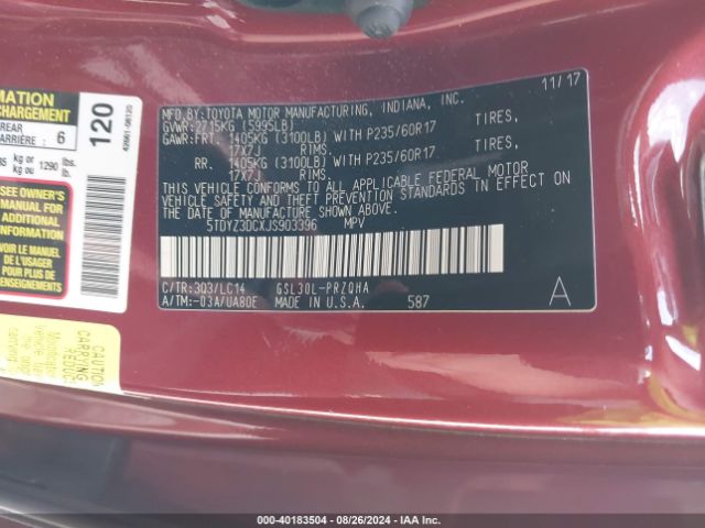 5TDYZ3DCXJS903396 Toyota Sienna Xle 8 Passenger