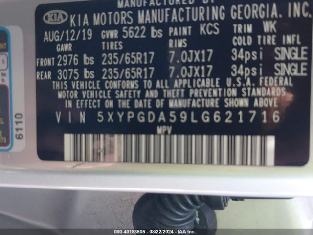 5XYPGDA59LG621716 KIA Sorento 3.3l Lx