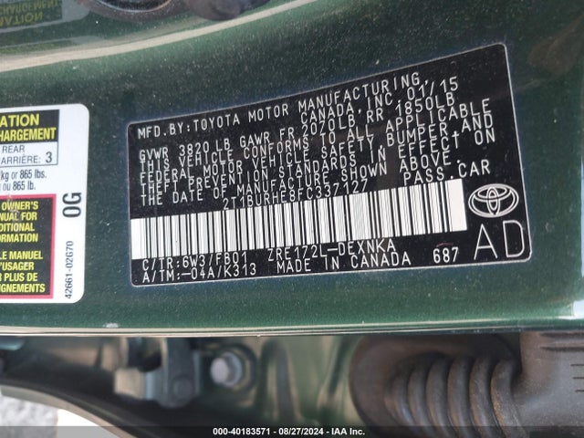 Toyota COROLLA LE 2015 2T1BURHE8FC337127 Image 9