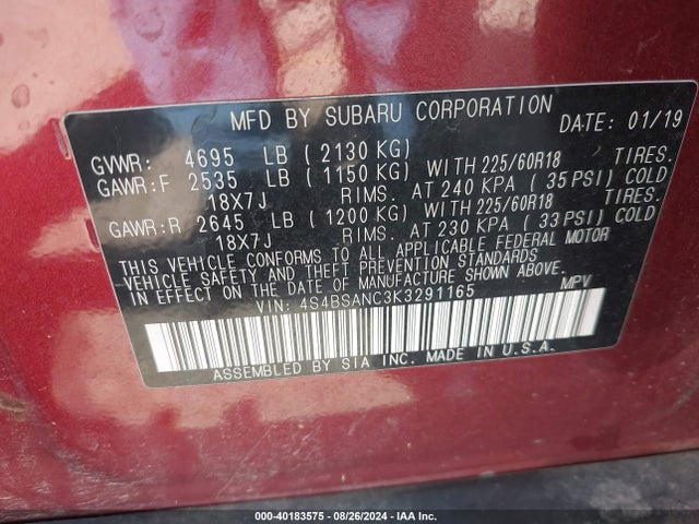 Subaru Outback 2.5i Limited 2019 4S4BSANC3K3291165 Image 9