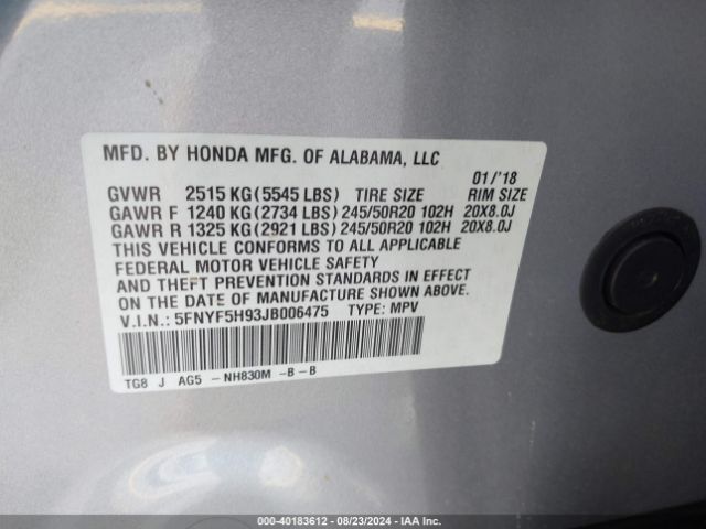 5FNYF5H93JB006475 Honda Pilot Touring