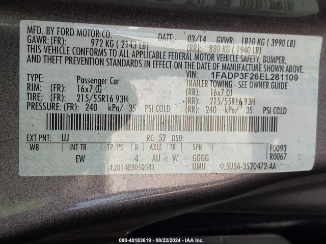 Ford FOCUS SE 2014 1FADP3F26EL281109 Image 9