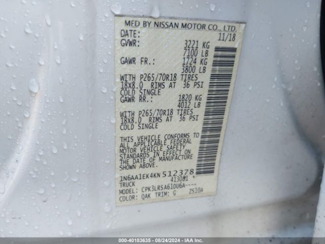 1N6AA1EK4KN512378 Nissan TITAN S