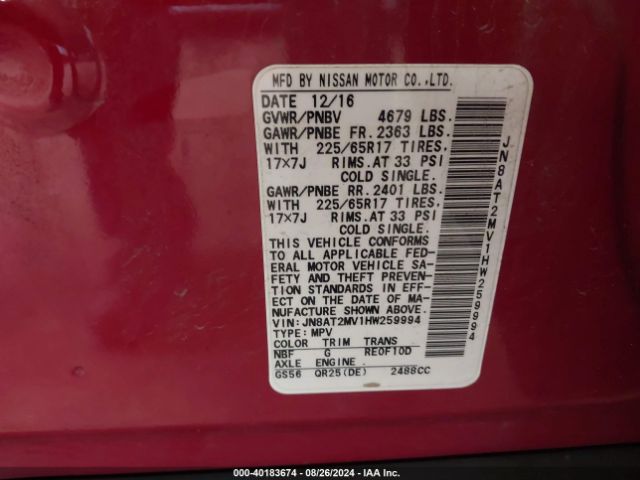 JN8AT2MV1HW259994 Nissan ROGUE SV