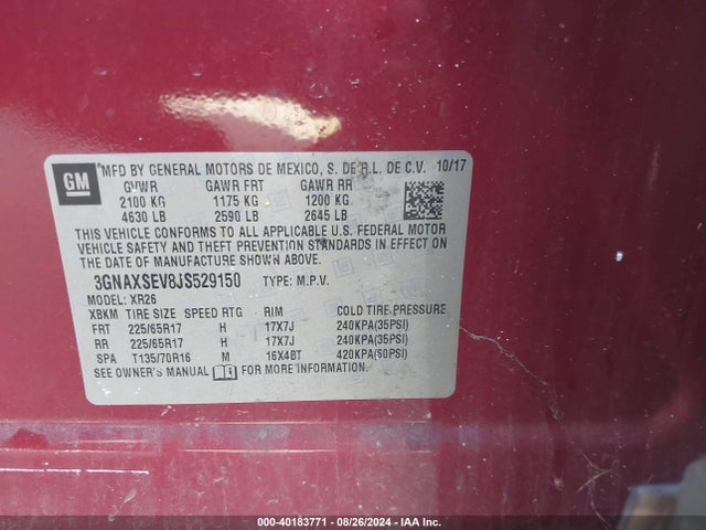 Chevrolet EQUINOX LT 2018 3GNAXSEV8JS529150 Image 9