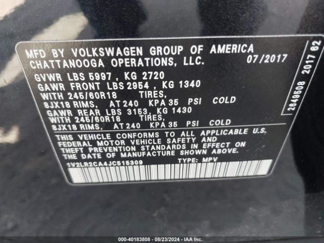 1V2LR2CA4JC515309 Volkswagen Atlas 3.6l V6 Se/3.6l V6 Se W/technology