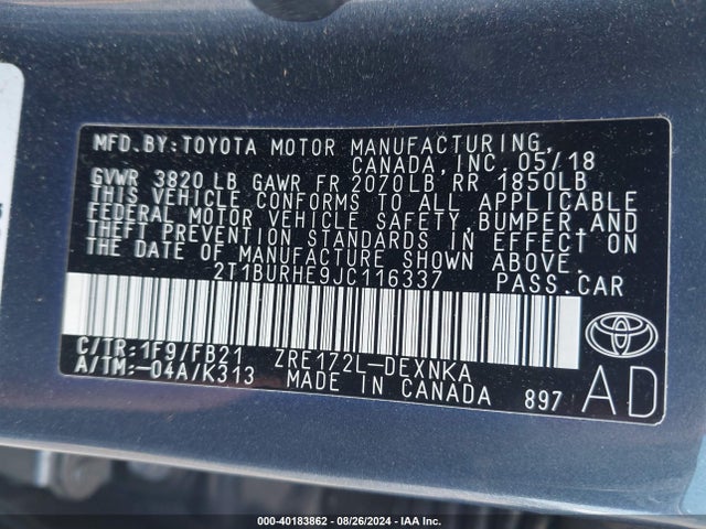 Toyota COROLLA LE 2018 2T1BURHE9JC116337 Image 9