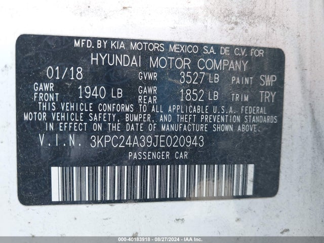 Hyundai ACCENT SE 2018 3KPC24A39JE020943 Image 9