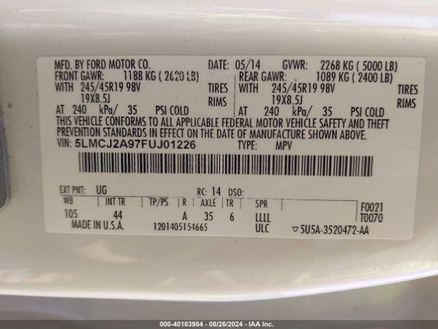 5LMCJ2A97FUJ01226 Lincoln MKC