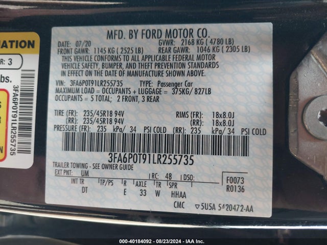 Ford FUSION SE 2020 3FA6P0T91LR255735 Image 9