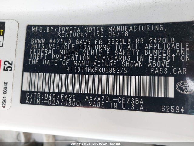 Toyota CAMRY SE 2019 4T1B11HK5KU688375 Image 9