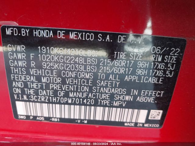 3CZRZ1H70PM701420 Honda Hr-v 2wd Ex-l