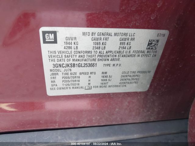 3GNCJKSB1GL253661 Chevrolet Trax 1ls