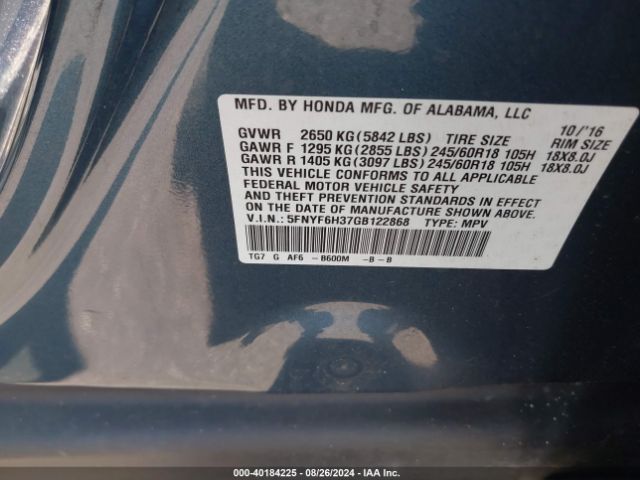 5FNYF6H37GB122868 Honda Pilot Ex