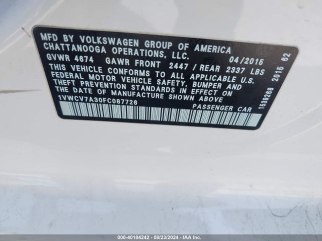 1VWCV7A30FC087726 Volkswagen Passat 2.0l Tdi Sel Premium