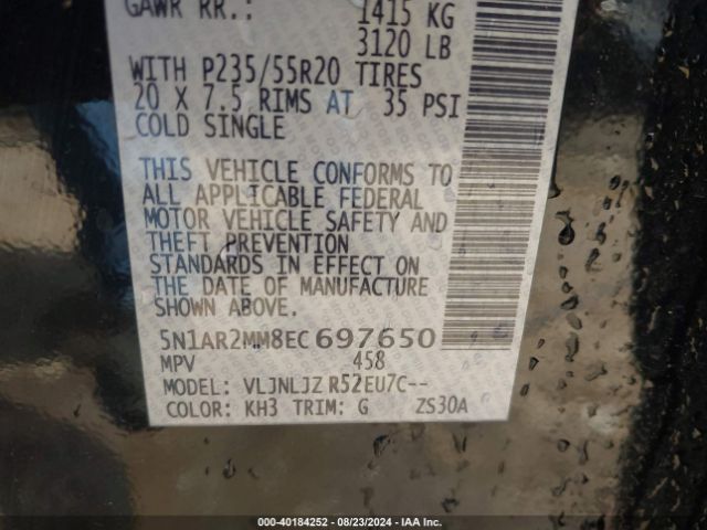 5N1AR2MM8EC697650 Nissan Pathfinder Platinum