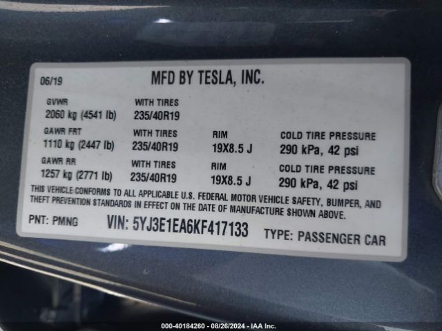 5YJ3E1EA6KF417133 Tesla Model 3 Long Range/mid Range/standard Range/standard Range Plus