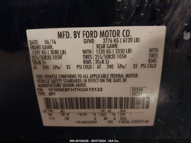 1FM5K8FH7HGA15122 Ford Explorer Limited