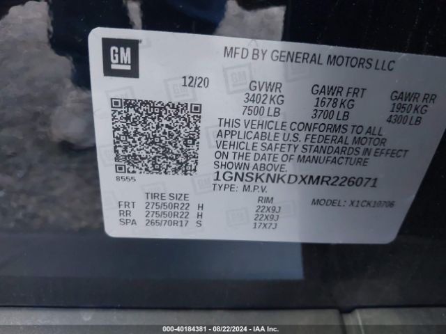 1GNSKNKDXMR226071 Chevrolet Tahoe 4wd Lt