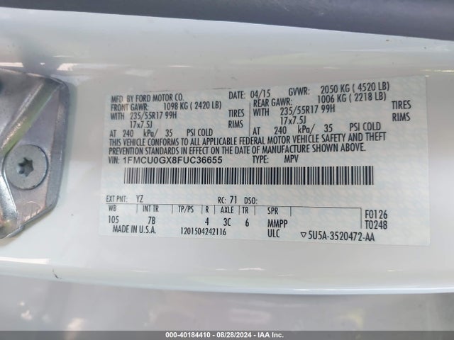 Ford ESCAPE SE 2015 1FMCU0GX8FUC36655 Image 9