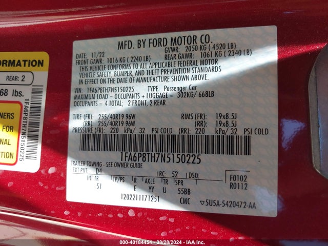 1FA6P8TH7N5150225 Ford Mustang Ecoboost Premium Fastback