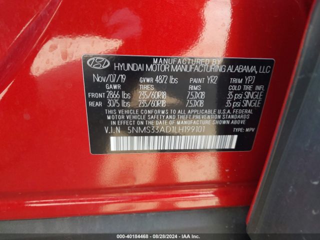 5NMS33AD1LH199101 Hyundai Santa Fe Sel