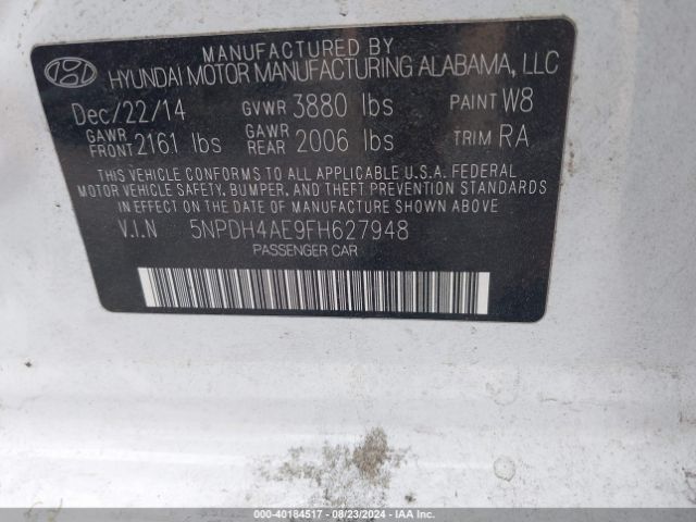 5NPDH4AE9FH627948 Hyundai ELANTRA SE