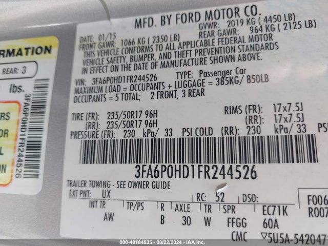 Ford FUSION SE 2015 3FA6P0HD1FR244526 Image 9