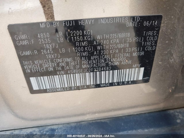 4S4BSEJC2F3204682 Subaru Outback 3.6r Limited