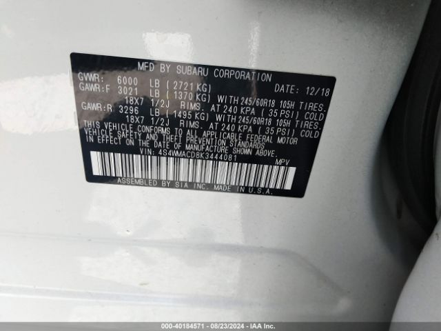 4S4WMACD8K3444081 Subaru Ascent Premium