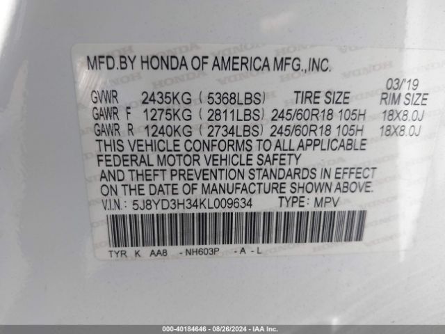 5J8YD3H34KL009634 Acura Mdx Standard