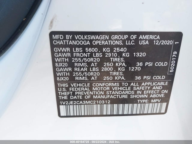 1V2JE2CA3MC210312 Volkswagen Atlas Cross Sport 3.6l V6 Se W/technology