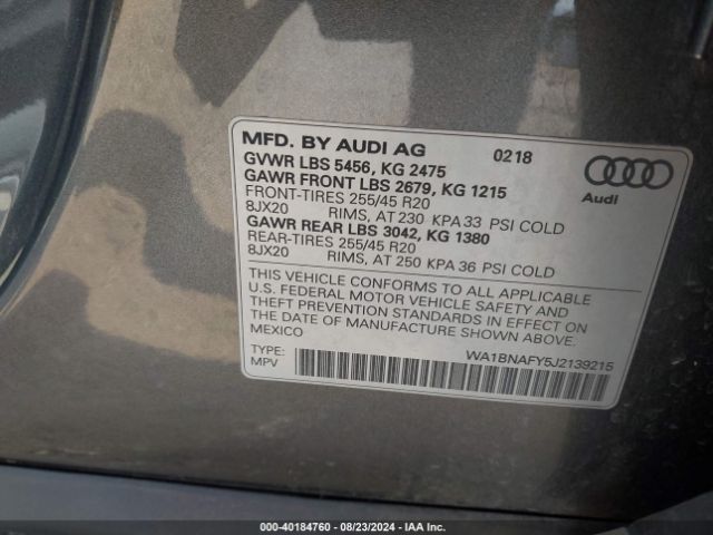 WA1BNAFY5J2139215 Audi Q5 2.0t Premium/2.0t Tech Premium