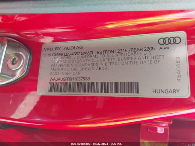 WAUAUGFF8H1037538 Audi A3 2.0t Premium