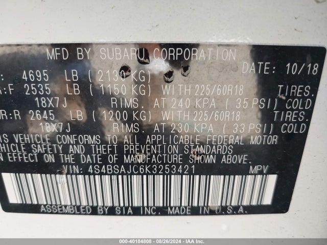 Subaru Outback 2.5i Limited 2019 4S4BSAJC6K3253421 Image 9