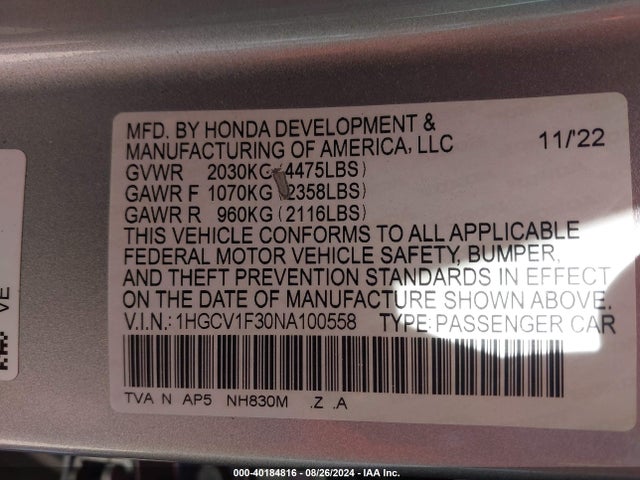 Honda Accord 2022 1HGCV1F30NA100558 Image 23