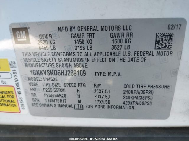 1GKKVSKD6HJ289109 GMC Acadia Limited