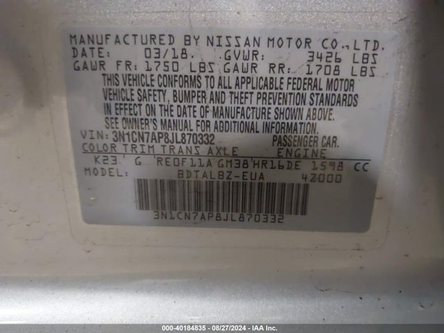 Nissan Versa 1.6 Sv 2018 3N1CN7AP8JL870332 Image 9