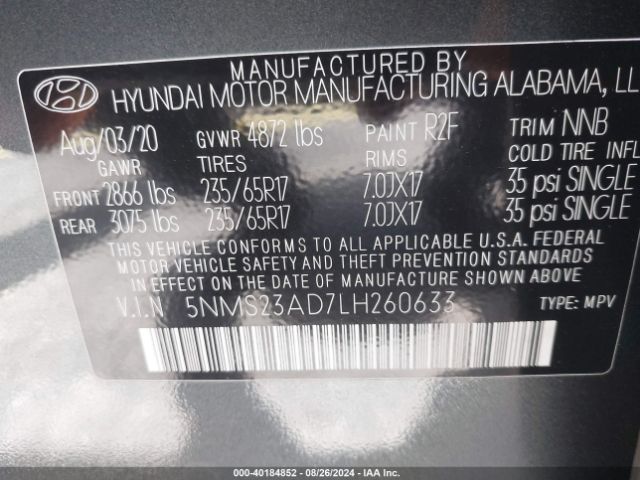 5NMS23AD7LH260633 Hyundai Santa Fe Se