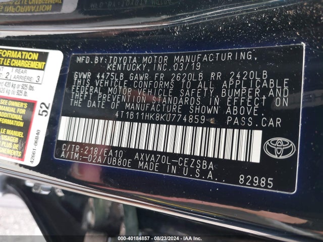 Toyota CAMRY SE 2019 4T1B11HK8KU774859 Image 9