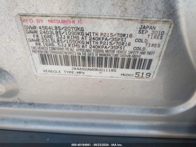 2011 MITSUBISHI OUTLANDER JA4AS2AWXBU011185 Photo 8