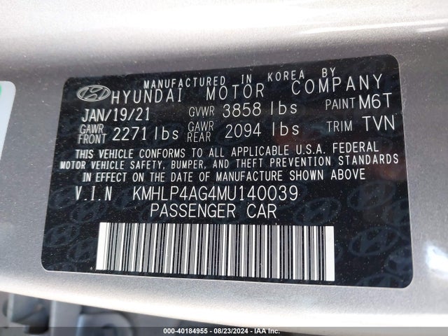 Hyundai Elantra Limited 2021 KMHLP4AG4MU140039 Image 9
