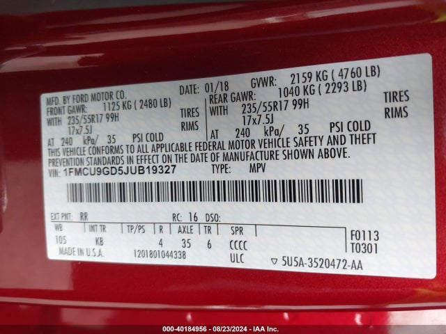 Ford ESCAPE SE 2018 1FMCU9GD5JUB19327 Image 9