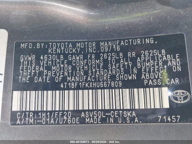 Toyota CAMRY SE 2017 4T1BF1FKXHU667809 Image 9