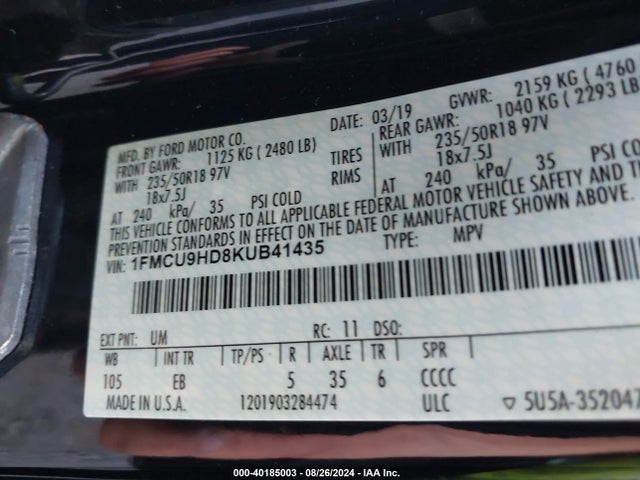 Ford ESCAPE SEL 2019 1FMCU9HD8KUB41435 Image 9