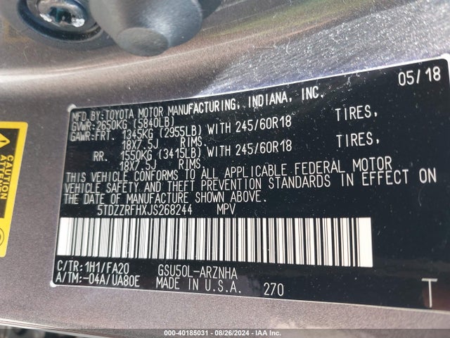 Toyota Highlander Le Plus 2018 5TDZZRFHXJS268244 Image 9