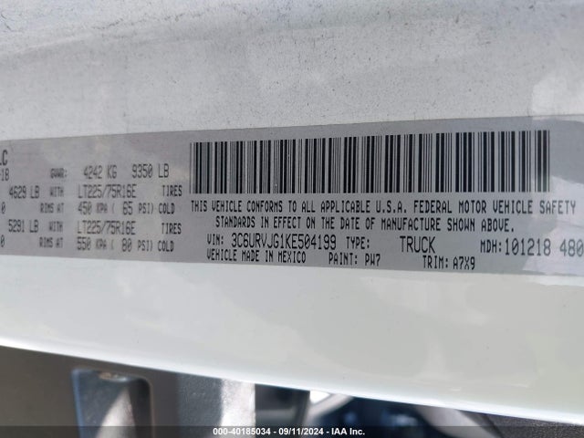 3C6URVJG1KE504199 RAM Promaster 3500 Cargo Van High Roof 159 Wb Ext