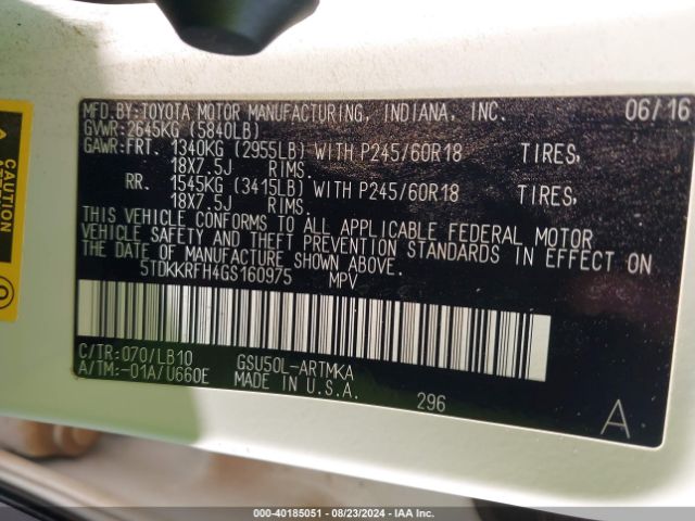5TDKKRFH4GS160975 Toyota Highlander Xle V6