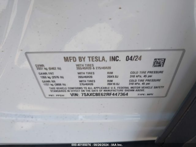 7SAXCBE62RF447364 Tesla Model X Plaid Tri Motor All-wheel Drive