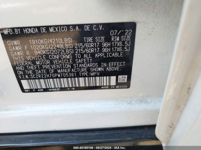 3CZRZ2H70PM705361 Honda Hr-v Awd Ex-l